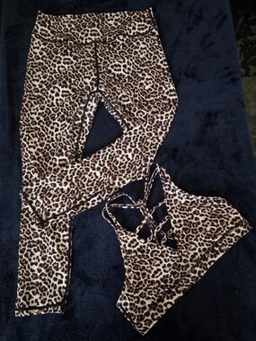 Leopard Print Active Leggings and Strappy Sports Bra Set - Tan